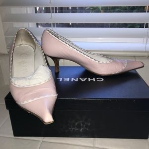 Chanel Pink Leather Stacked Heel Kitten Pumps 35.5